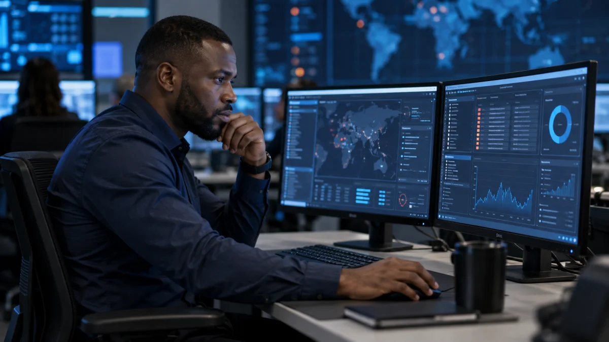 Analyste africain supervisant la cybersécurité d'une entreprise