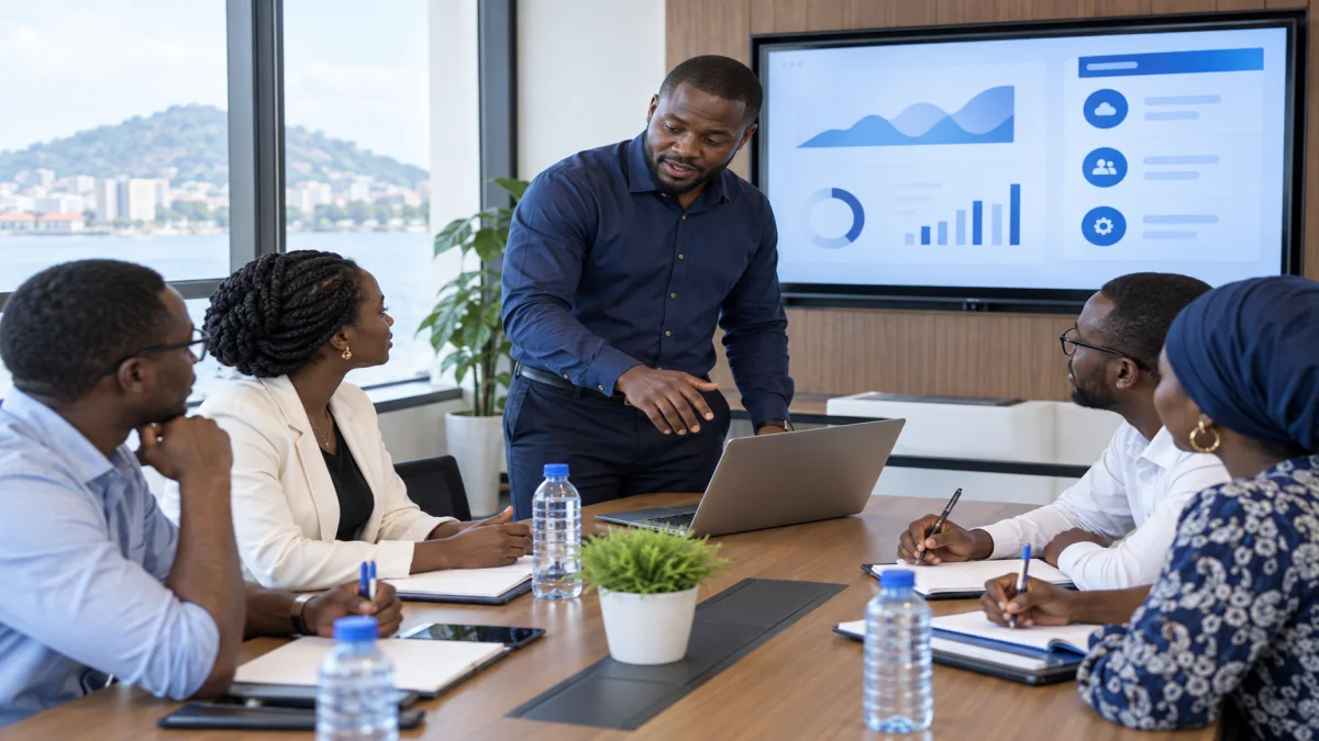 Formateur africain présentant une solution digitale à une équipe