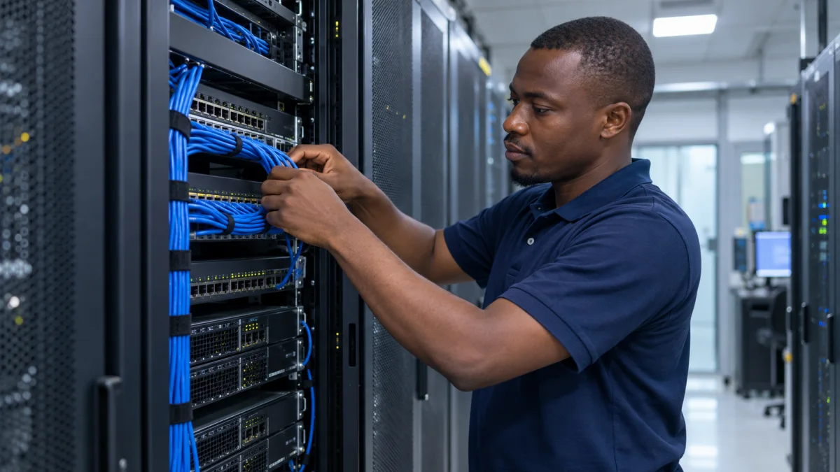 Technicien réseau africain intervenant sur une baie informatique en Guinée