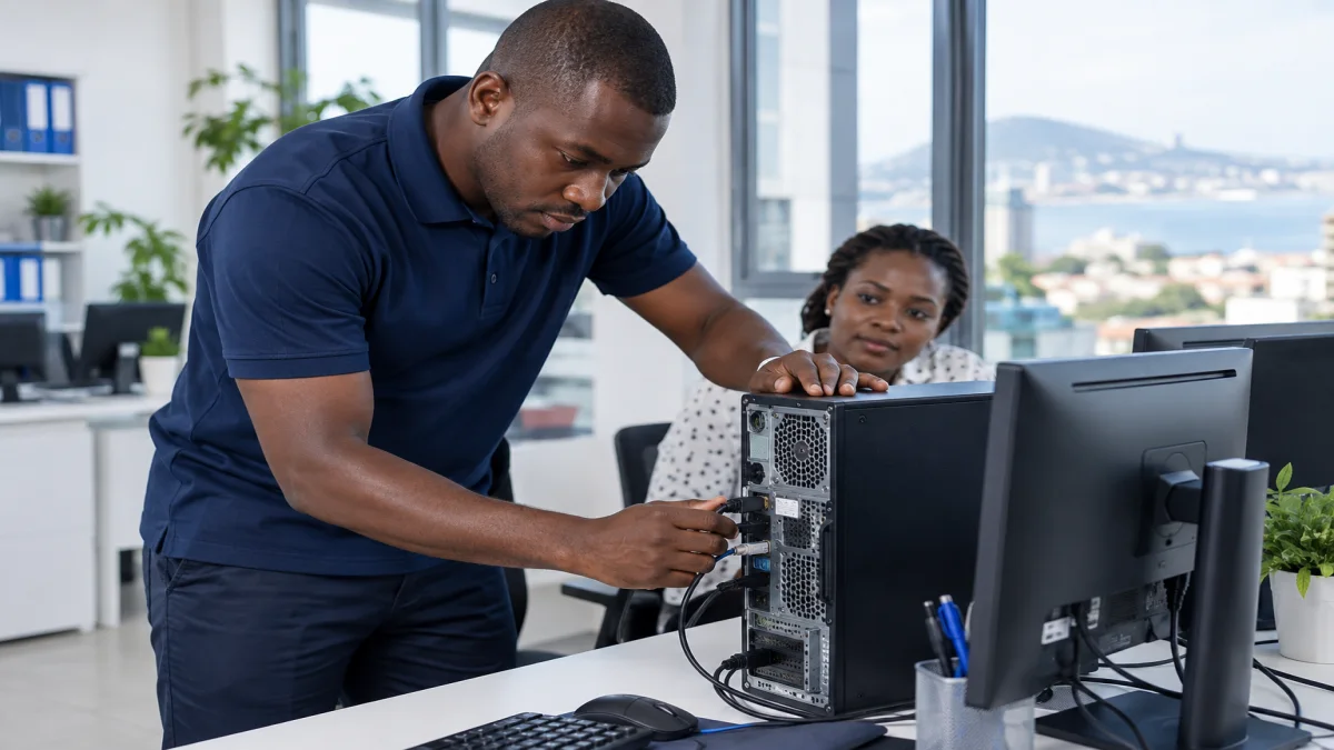 Technicien informatique africain dépannant un poste de travail