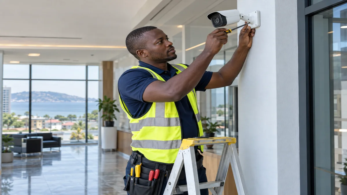 Technicien africain installant une caméra de vidéosurveillance