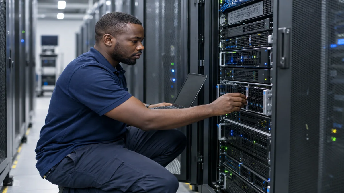 Ingénieur systèmes africain vérifiant des serveurs en datacenter